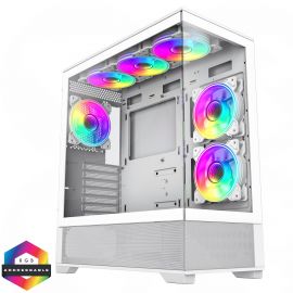 GameMax Vista White ATX Gaming Case with Tempered Glass Front and Side Panels with 6 x Dual-Ring Infinity Fans Bundled