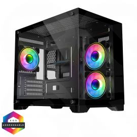 Concept Black MATX Gaming Cube with Tempered Glass Front and Side Panels with 3 x CiT Celsius Dual-Ring Infinity Fans Bundled