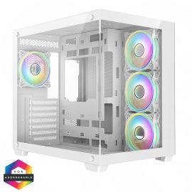 CiT Vision White ATX Gaming Cube with Tempered Glass Front and Side Panels with 4 x CiT Tornado Dual-Ring Infinity Fan